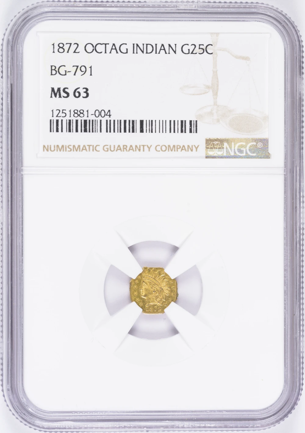 NGC MS-63 1872 California Gold Quarter