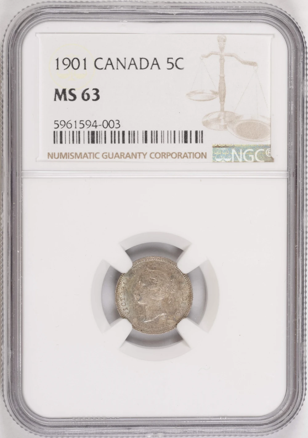 NGC MS-63 1901 Canadian 5 Cents