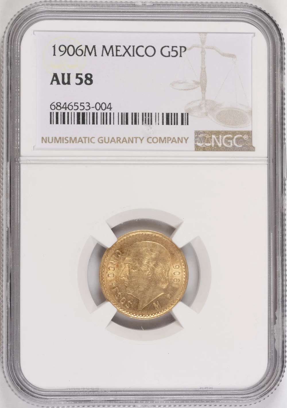 Mexico. NGC AU-58 1906M 5 Peso Gold