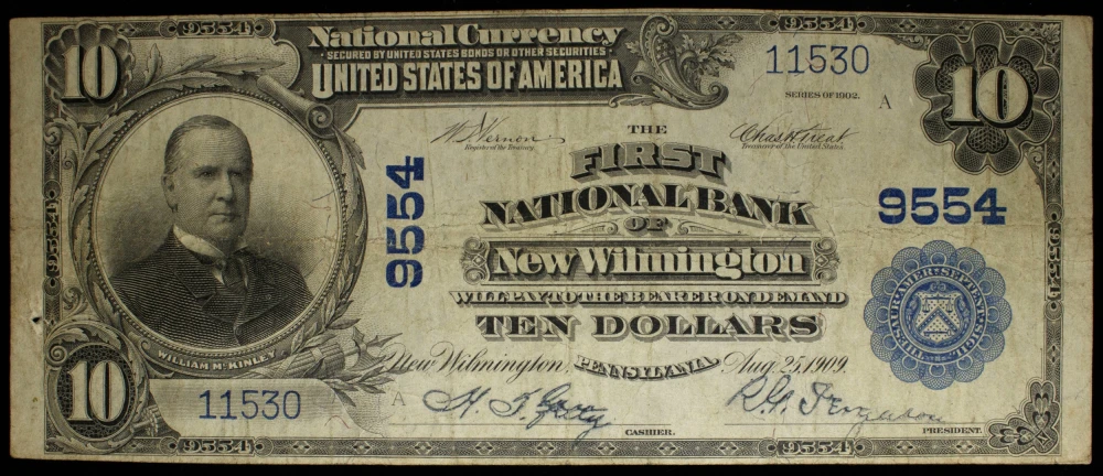 Scarce 1902 New Wilmington PA $10 Plain Back