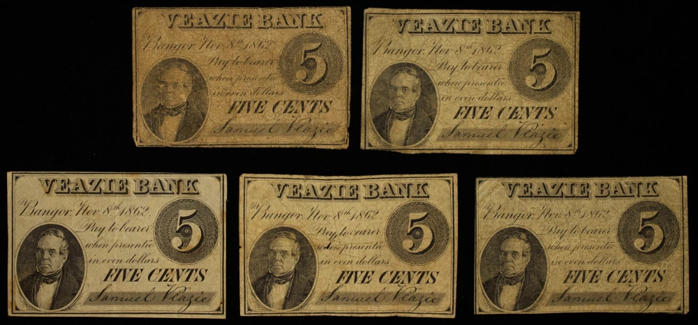 Maine. Bangor. Quintet of Merchant Currency