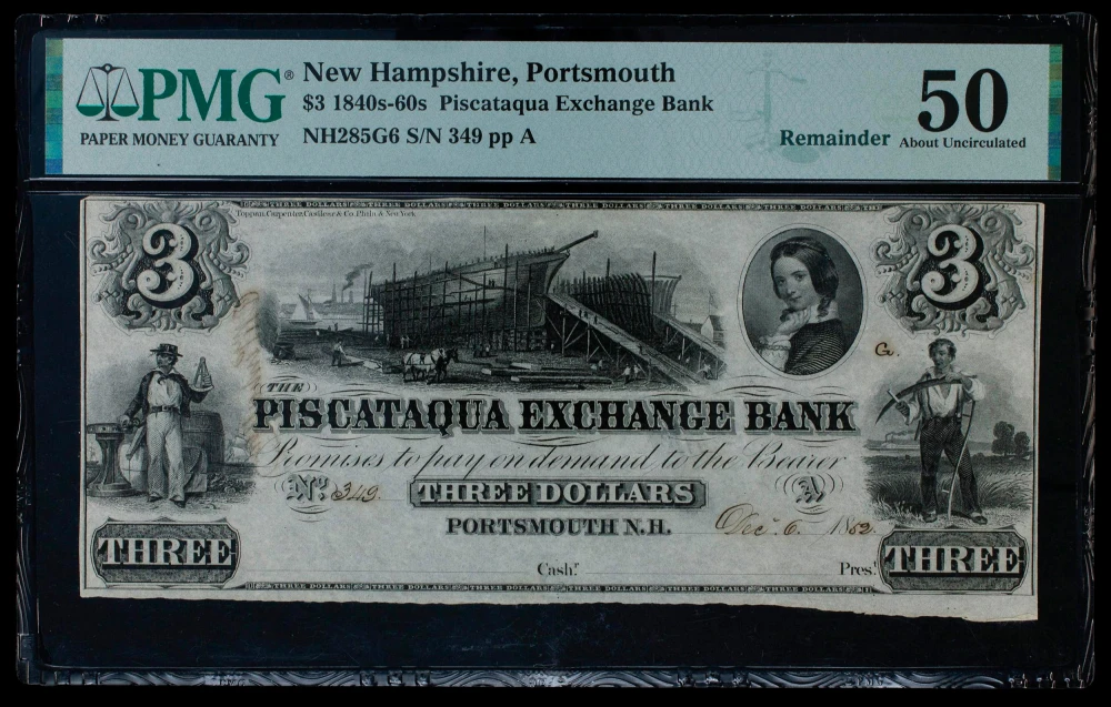 New Hampshire. Portsmouth PMG AU-50 $3