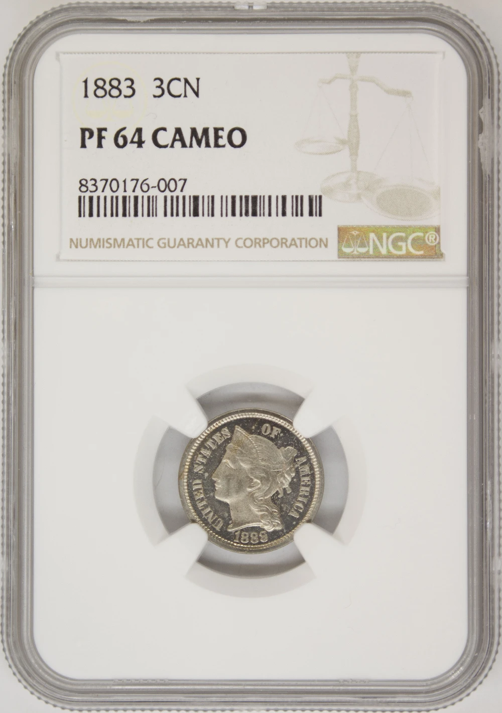 NGC Proof-64 Cameo 1883 Three Cent Nickel