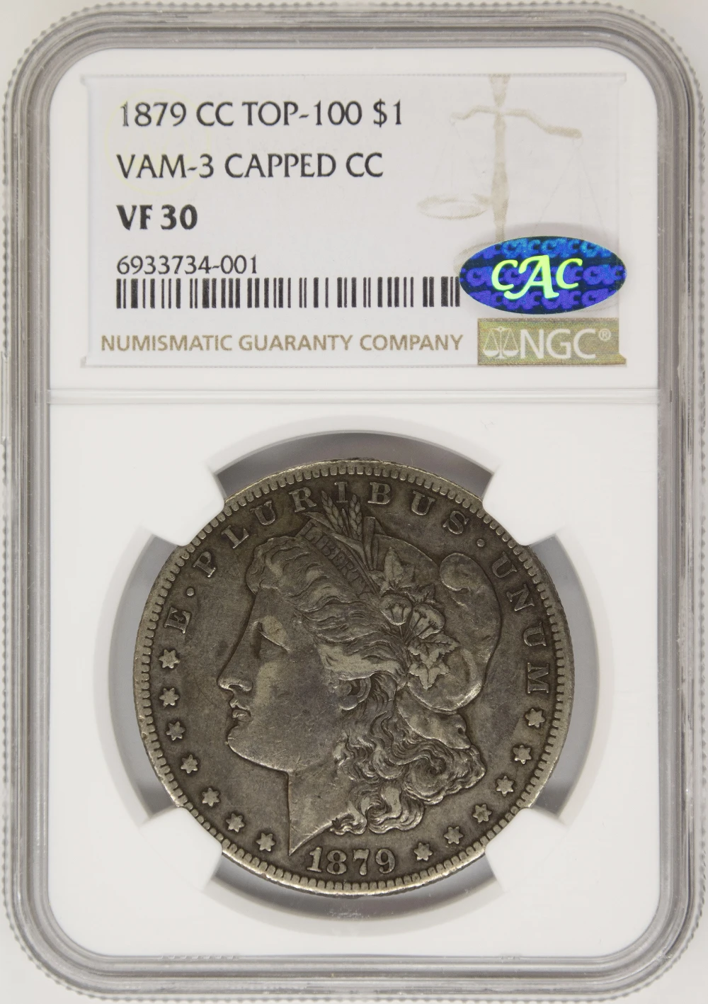 NGC VF-30 CAC 1879-CC Capped CC Morgan Dollar