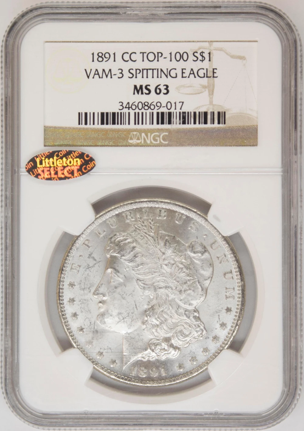 NGC MS-63 Spitting Eagle 1891-CC Morgan Dollar