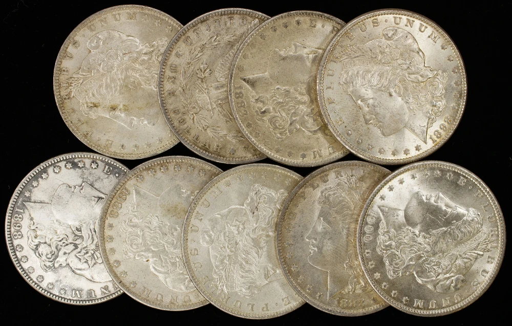 9 AU/BU Pre-21 Morgan Dollars