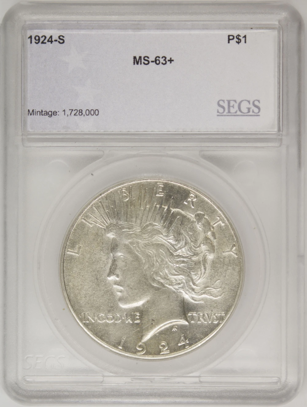 SEGS MS-63+ 1924-S Peace Dollar
