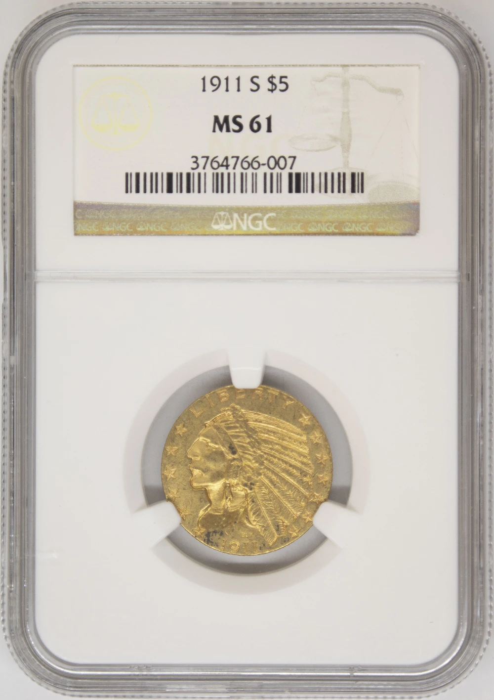 NGC MS-61 1911-S $5 Gold Indian