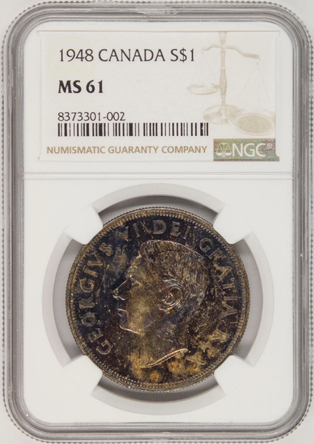 Canada. NGC MS-61 Toned 1948 Silver $1