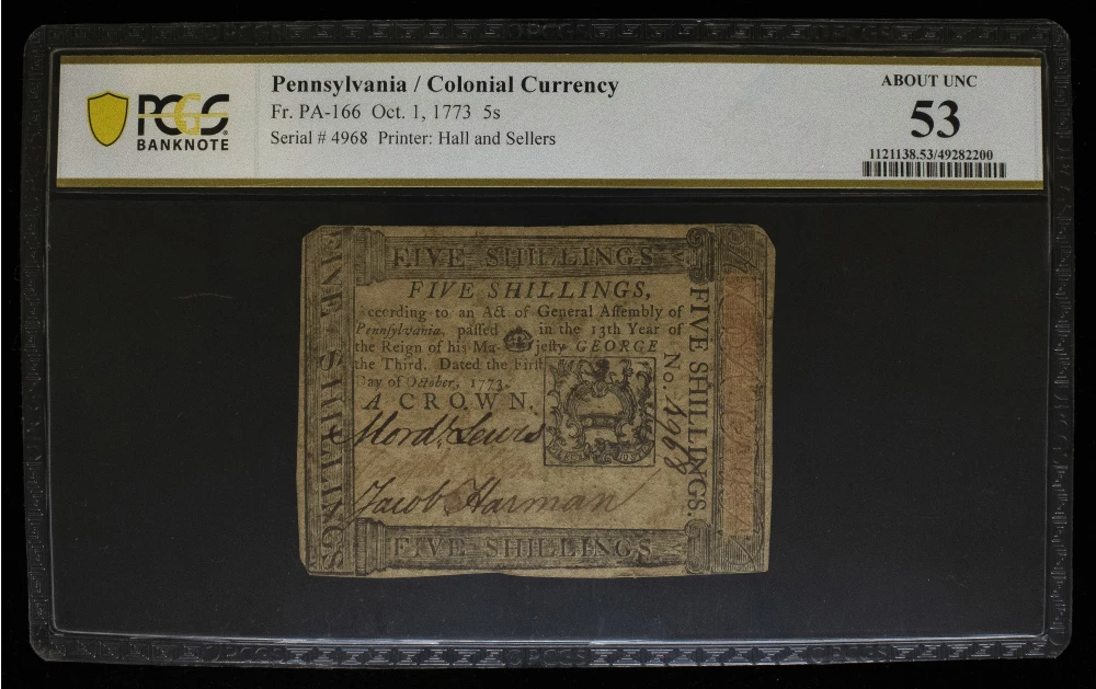 Pennsylvania. PCGS AU-53 1773 Five Shillings Note