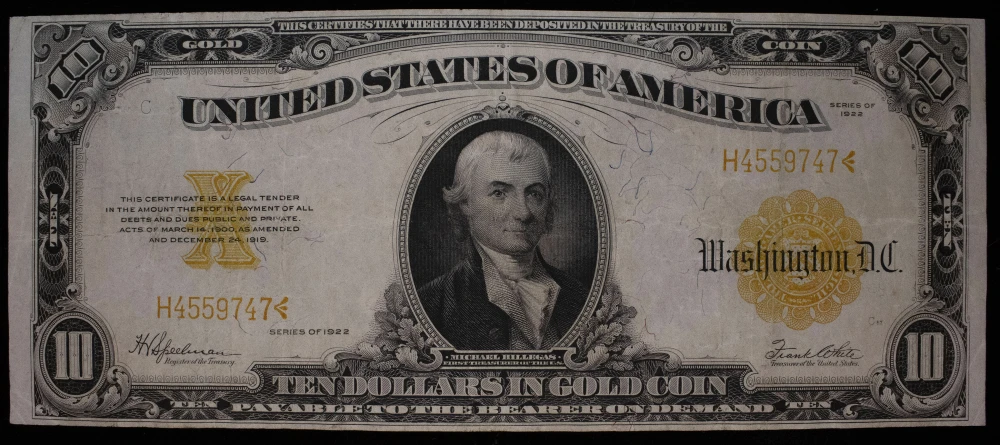 VF/EF 1922 $10 Gold Certificate