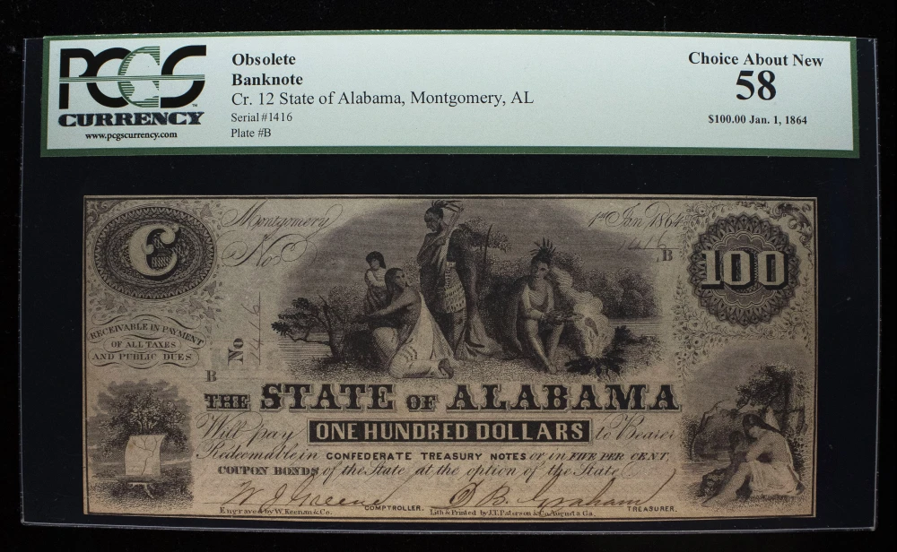 Alabama. PCGS AU-58 1864 $100 Note