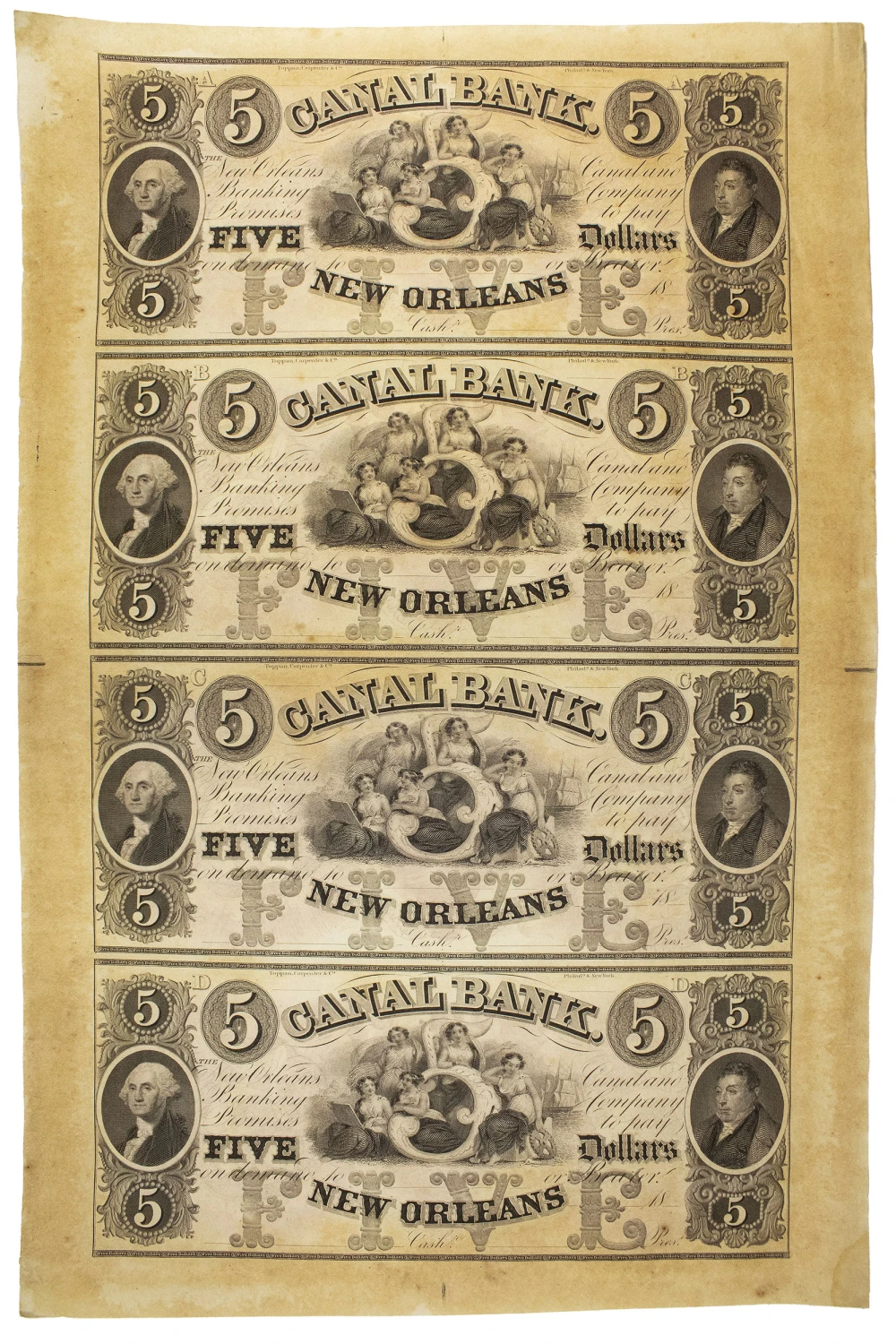 Louisiana. New Orleans. Uncut Four-Note $5 Sheet