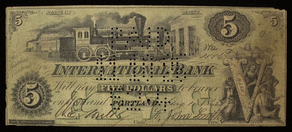 Maine. Fine Punch-Canceled 1862 $5 Note