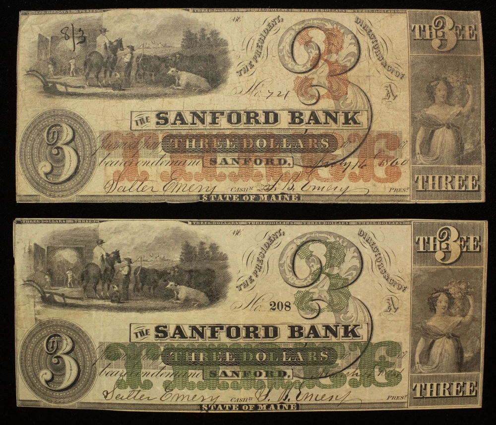 Maine. Fine to VF $3 Note Pair