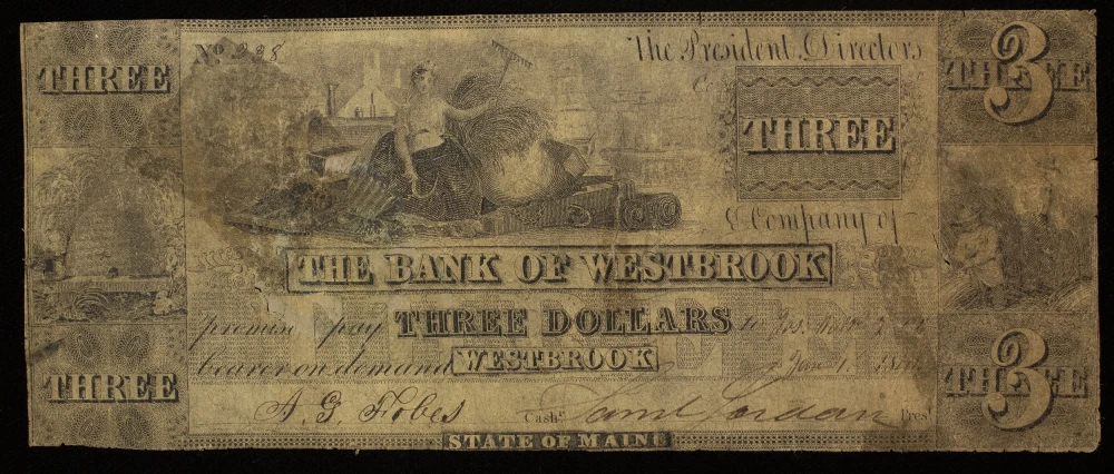 Maine. Fine 1844 $3 Note