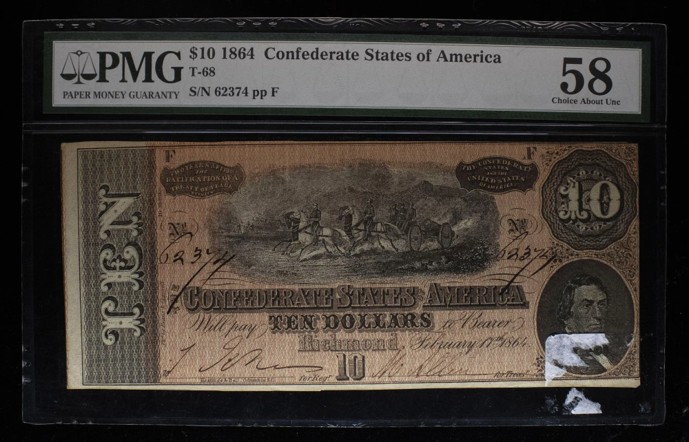 Confederate. PMG AU-58 1864 $10 Note