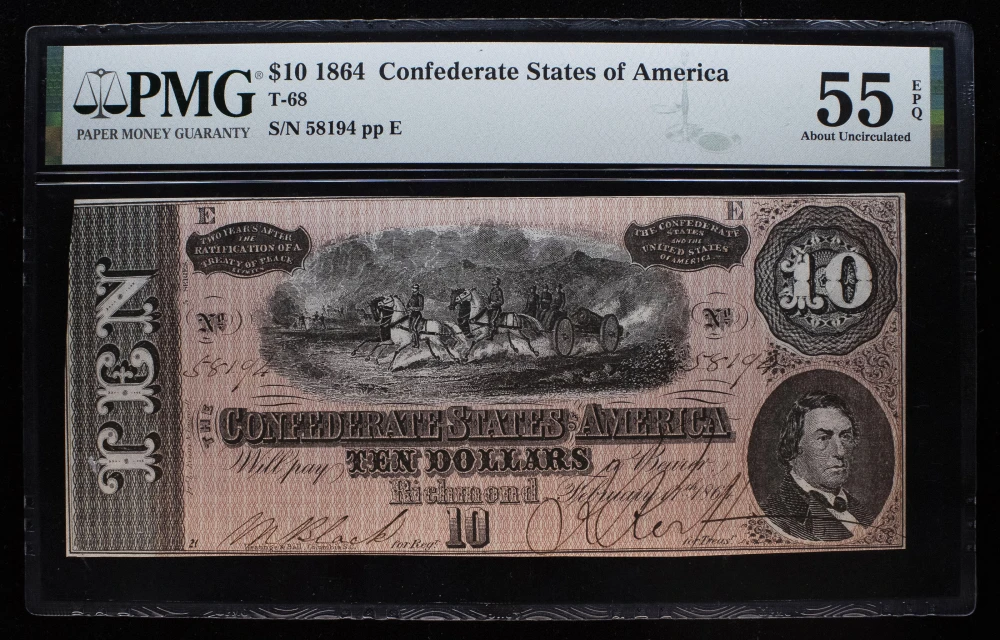 Confederate. PMG AU-55 EPQ 1864 $10 Note