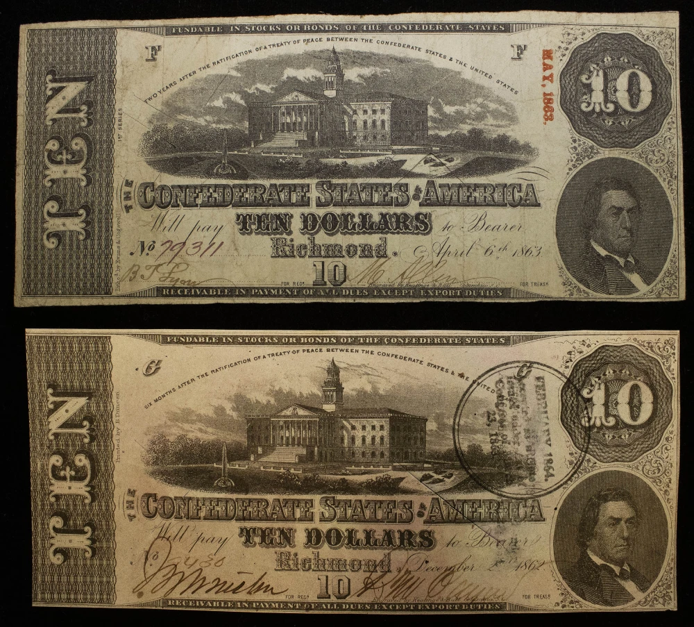 Confederate. Pair of Popular $10 Notes