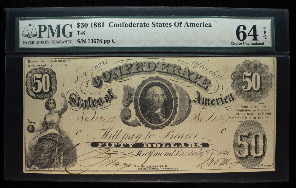Confederate. PMG CU-64 EPQ 1861 $50 Note
