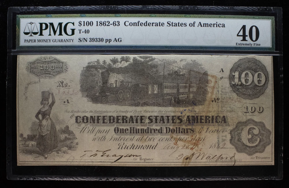 Confederate. PMG EF-40 1862 $100 Note