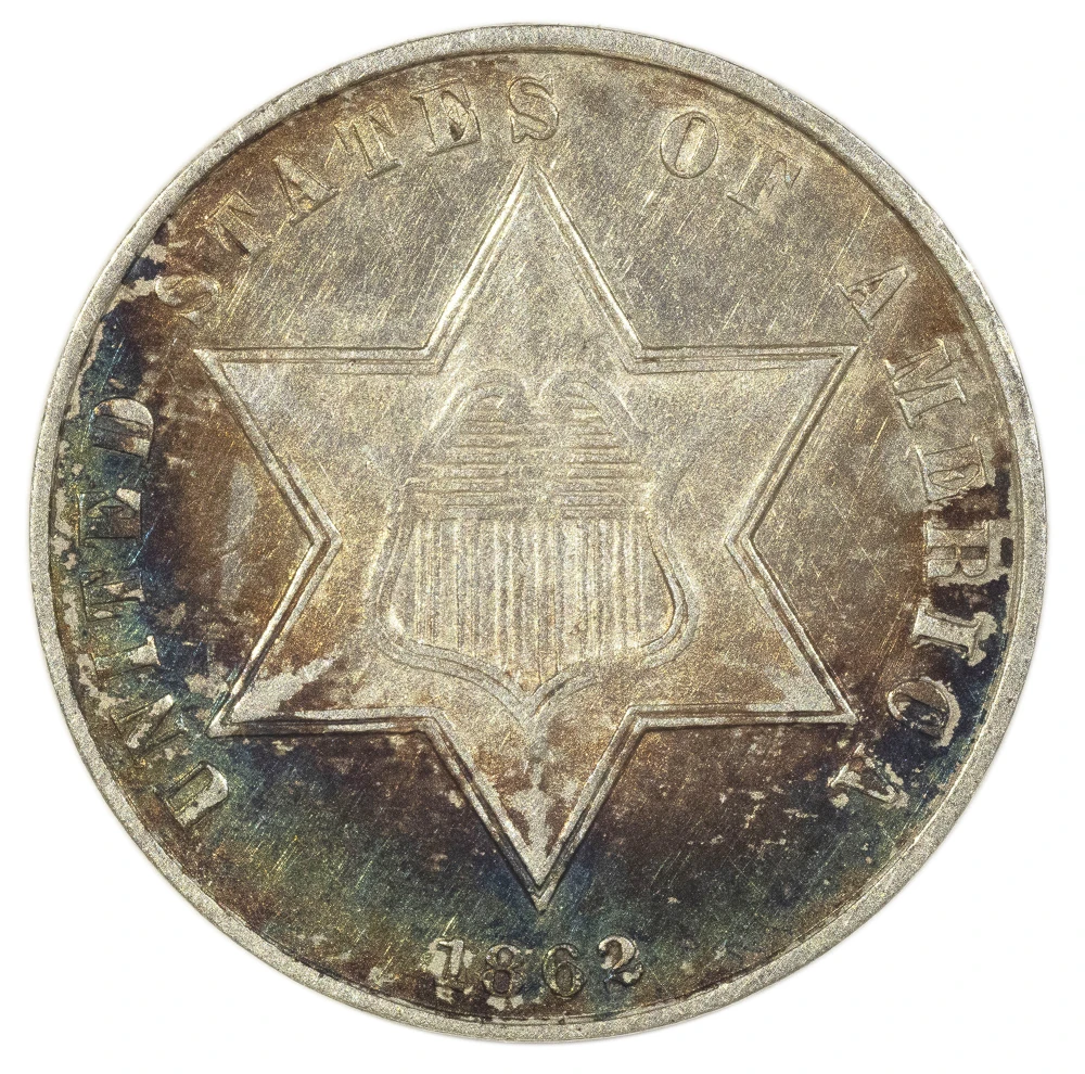 Toned AU-50 1862 Silver Three-Cents