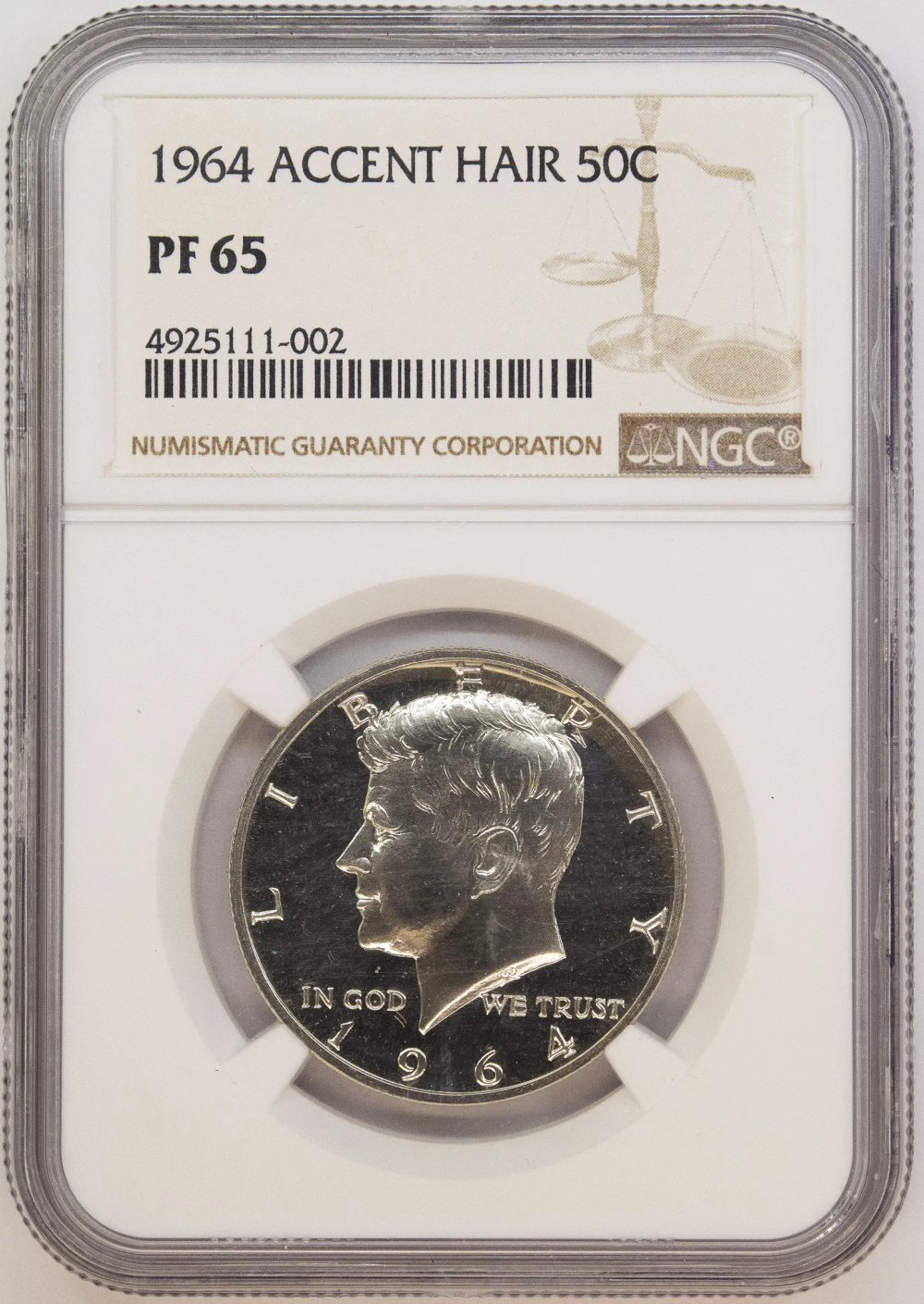 NGC Proof-65 1964 Accent Hair Kennedy Half Dollar