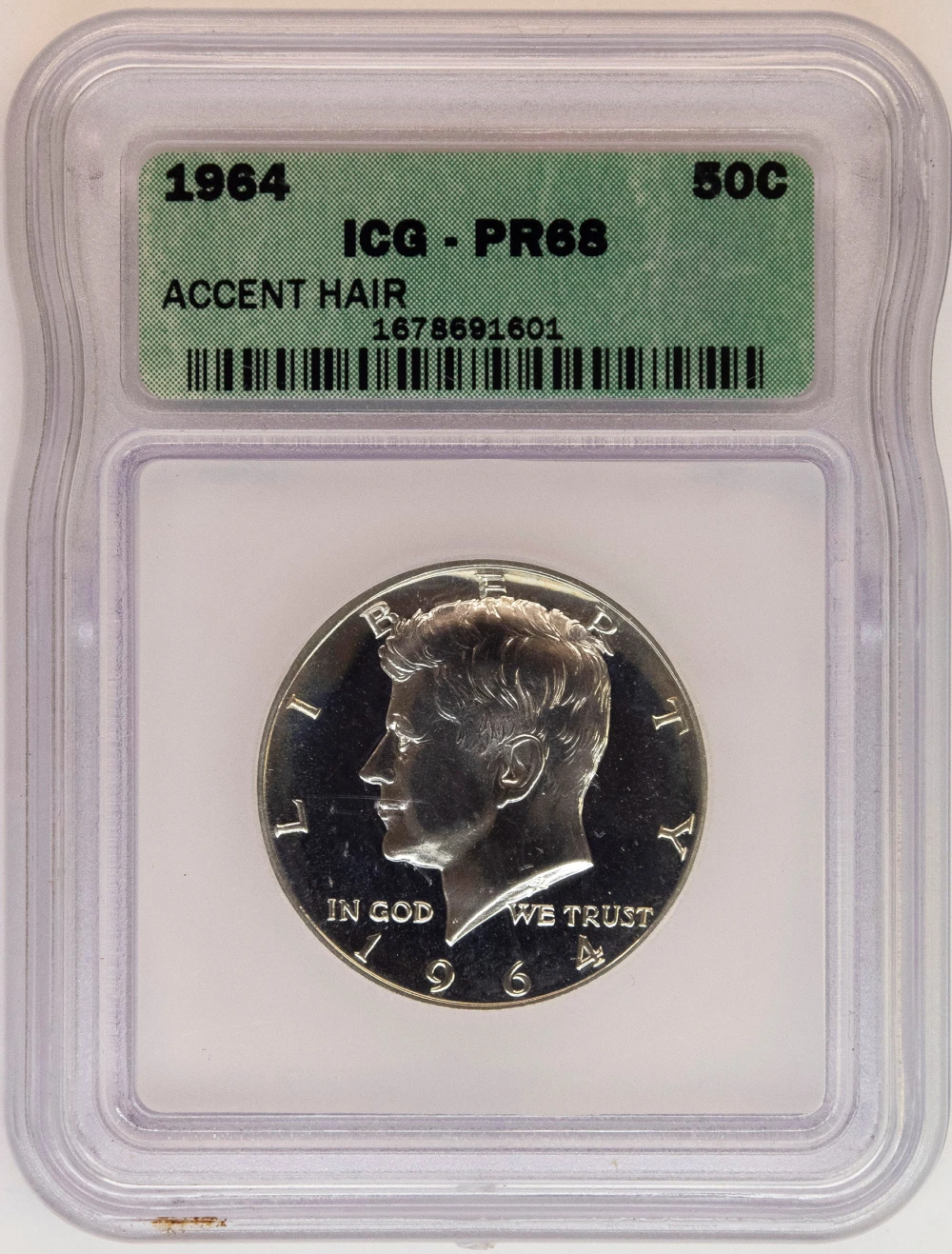 ICG Proof-68 1964 Accent Hair Kennedy Half Dollar