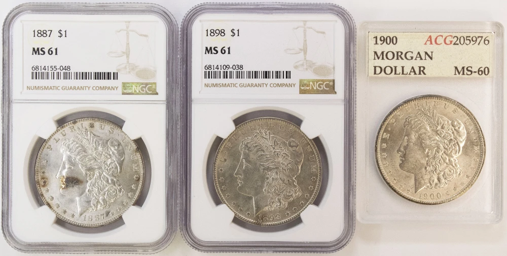 Three Certified Morgan Dollars