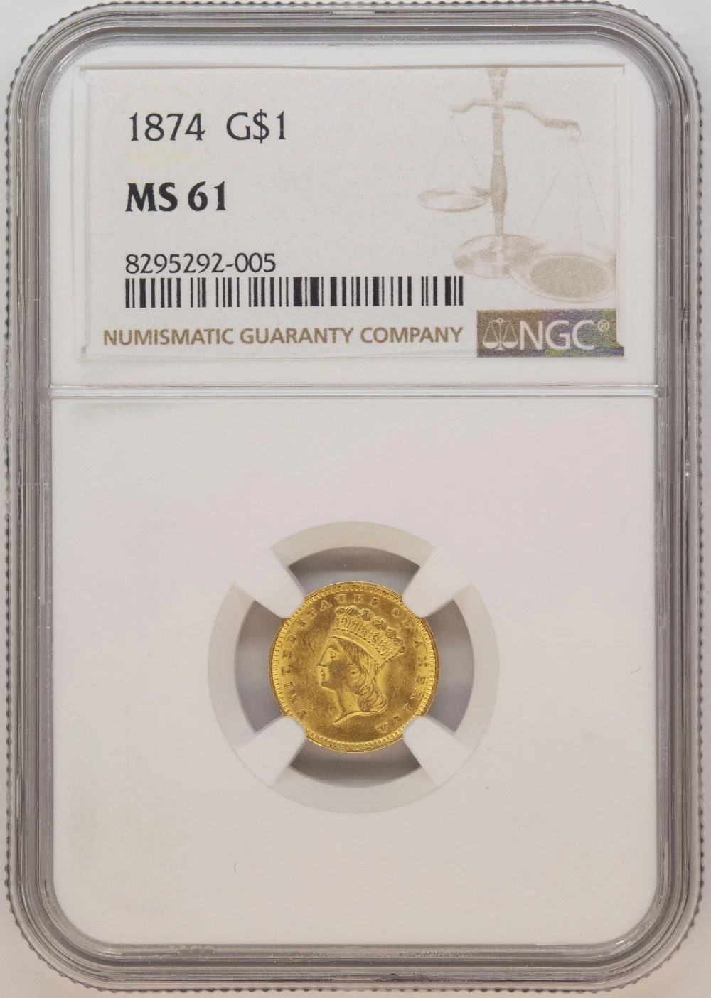 NGC MS-61 1874 Gold $1