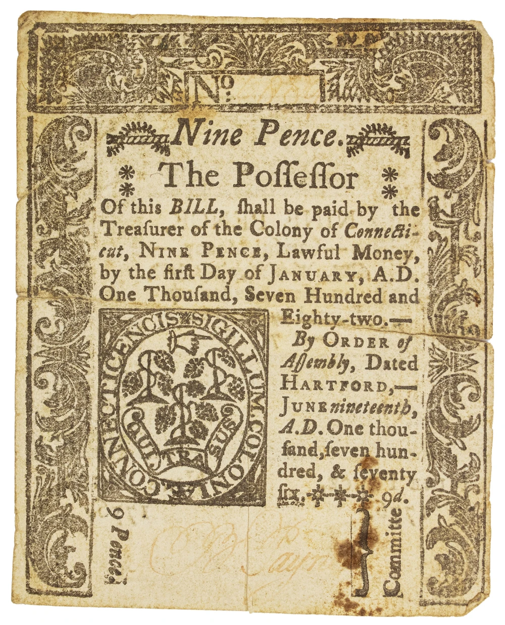 Connecticut. VF 1776 Nine Pence Colonial Note