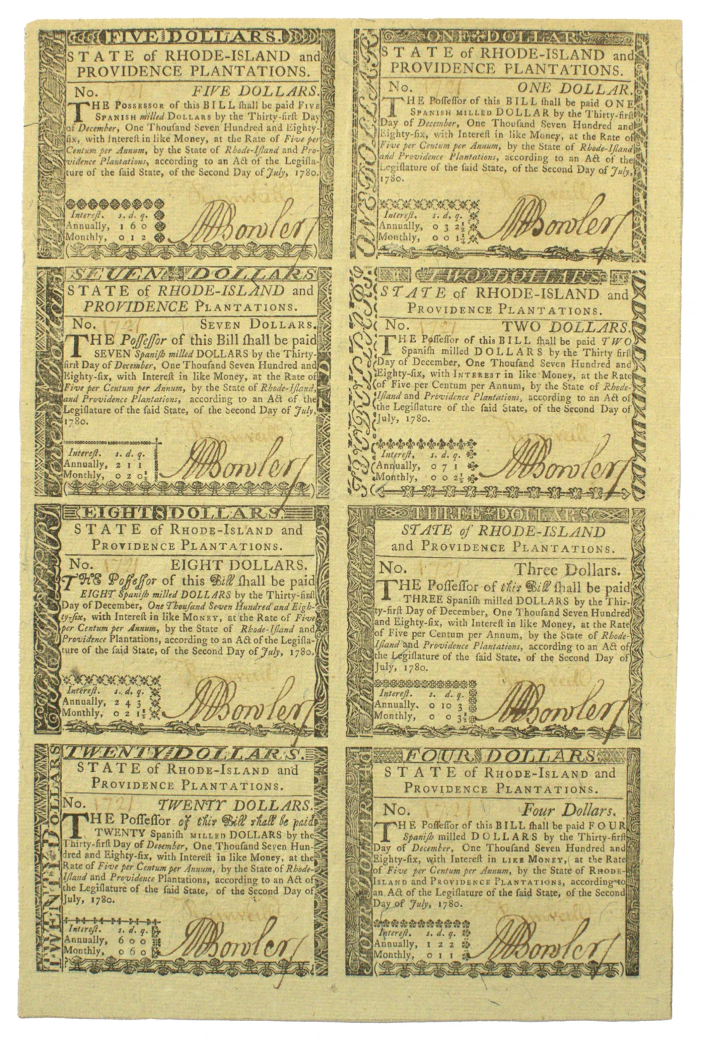 Rhode Island. 8 Note Uncut 1780 Currency Sheet