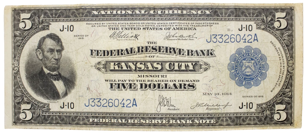 VF+ Series 1918 $5 National Currency