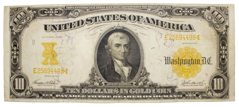 VF+ Details 1907 $10 Gold Coin Note