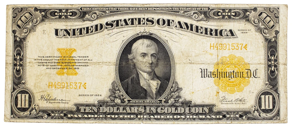 Fine Series 1922 $10 Gold Coin Note