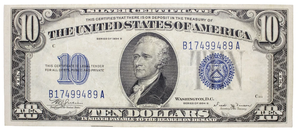VF to EF 1934-B Silver Certificate $10