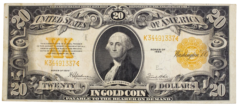 VF or Finer Series 1922 $20 Gold Coin Note