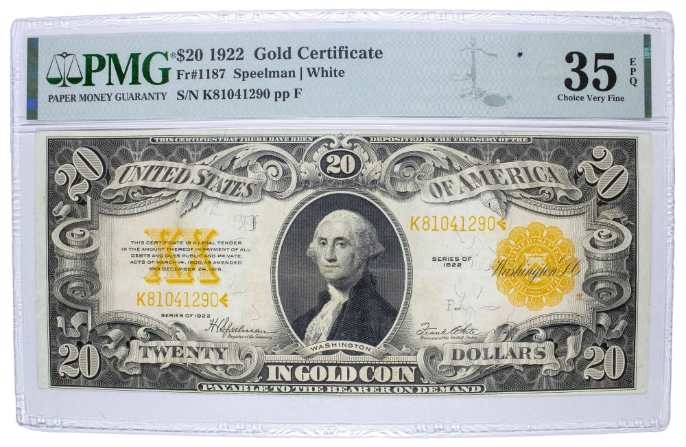 PMG VF-35 EPQ 1922 $20 Gold Coin Note