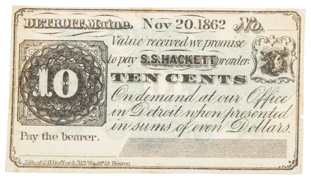 Maine. Detroit. Crisp New 1862 Ten-Cents Scrip