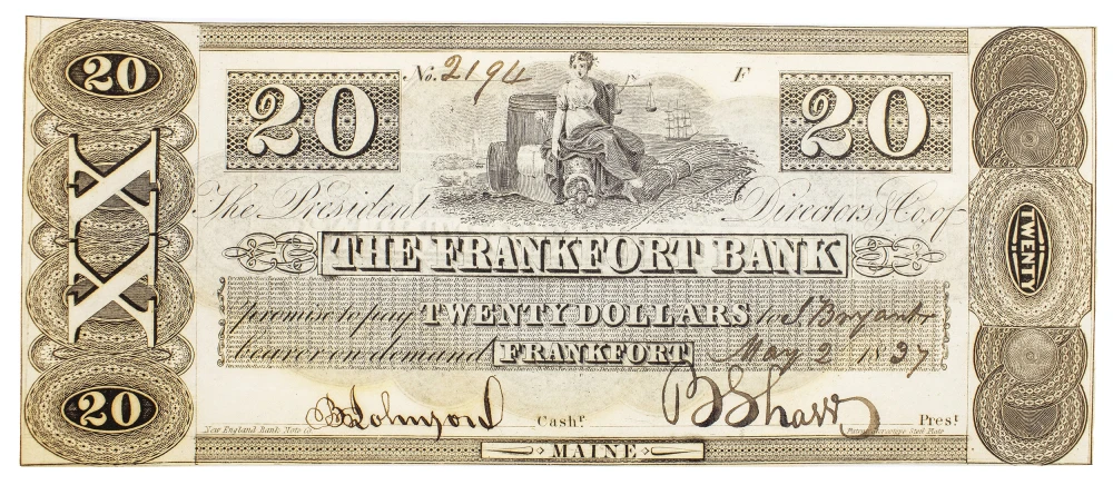 Maine. Frankfort. Crisp New $20 Note