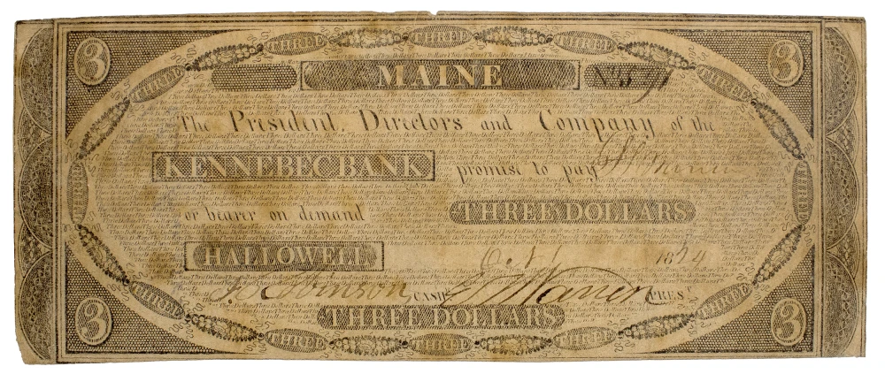 Maine. Hallowell. Fine or Better $3 Note