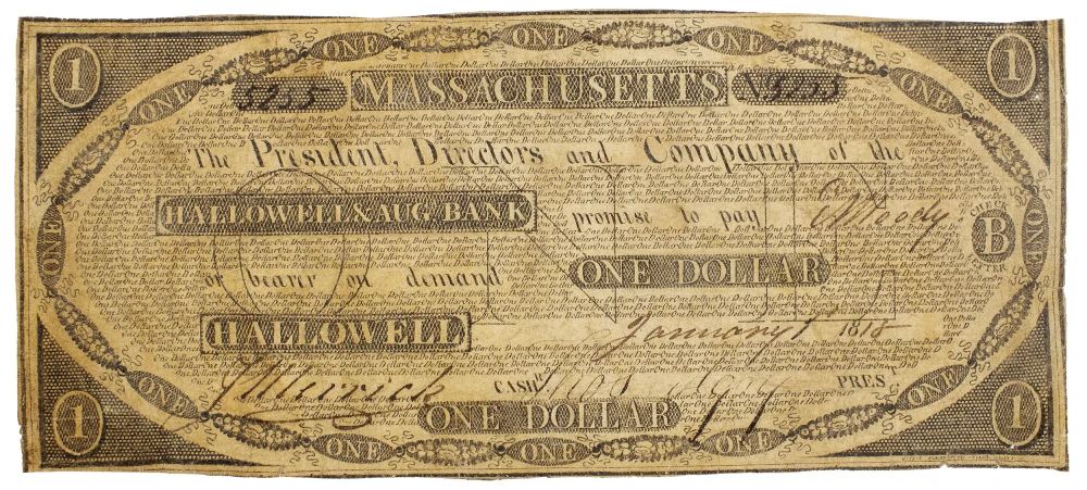 Maine. Hallowell. Fine or Better $1 Note