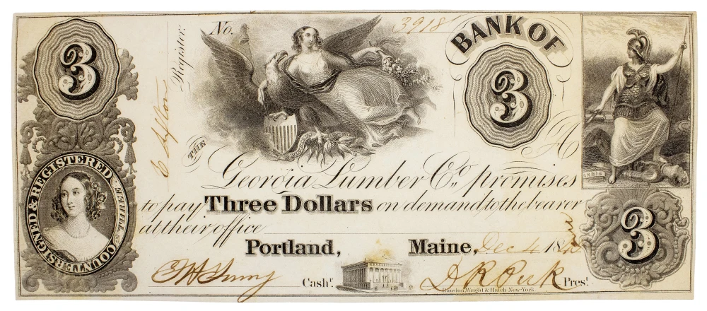 Maine. Portland. Crisp Unc $3 Note