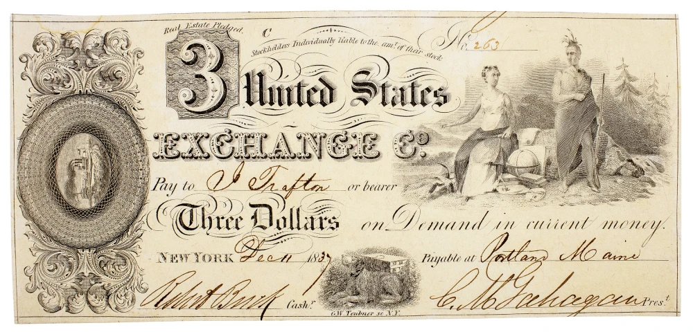 Maine. Portland. Crisp Unc $3 Note