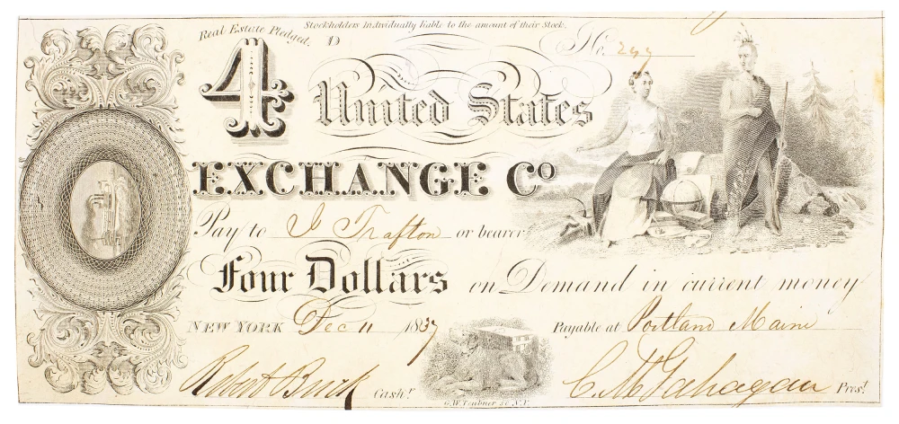Maine. Portland. Crisp New $4 Note