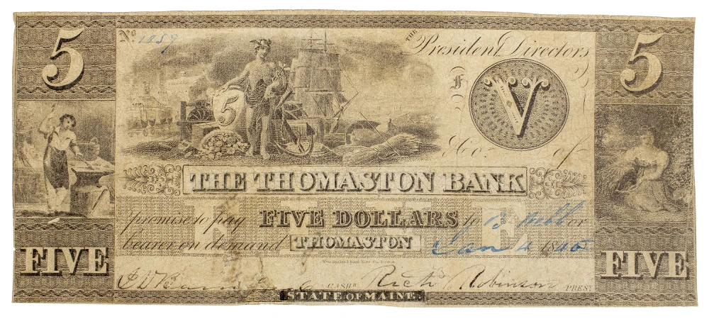 Maine. Thomaston. Fine $5 Note