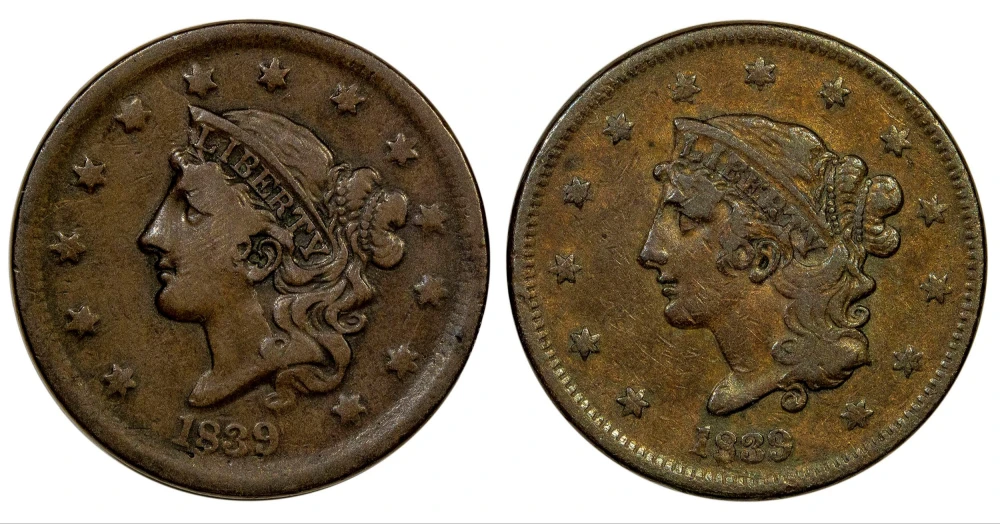 VF-20 1839 Large Cent Variety Pair
