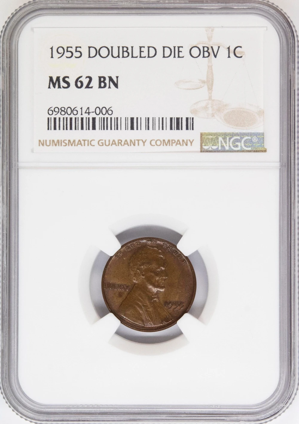 NGC MS-62 BN 1955 Doubled Die Obverse Cent