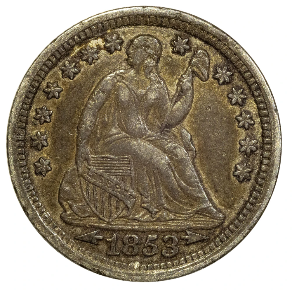 AU-50 1853 Arrows Seated Half Dime