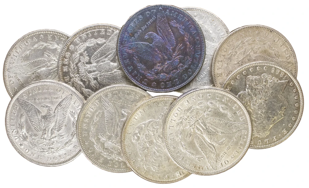 10 Mixed AU Details Pre-21 Morgan Dollars